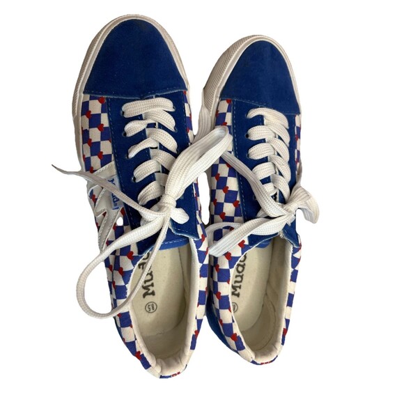 Mudd Blue Checkered Red Heart Sneakers Women's  Size 8.5 Poppy GUC - Picture 1 of 10